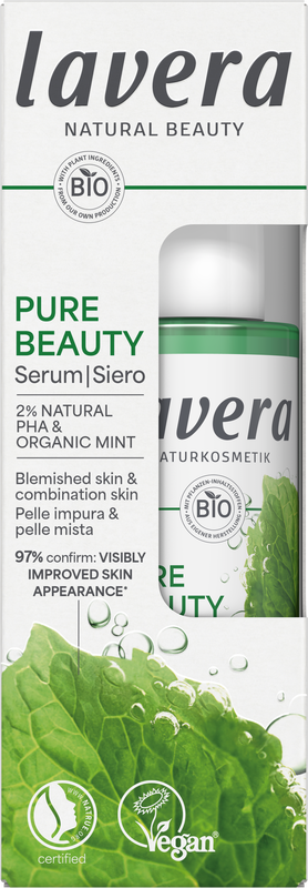 Lavera Pure Beauty Serum bio in 30ml bottle, natural facial skincare product with a sleek, clear container and pump dispenser.