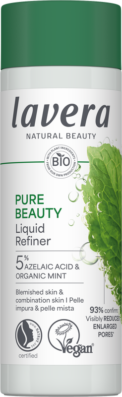 Lavera Pure Beauty Liquid Refiner in 100ml bottle, facial skincare product with clear label and pump dispenser.