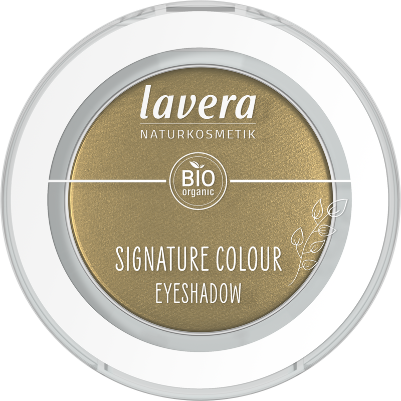 Lavera Signature Colour Eyeshadow in Golden Jade 07, natural makeup look, in a compact with shimmering gold-green shade.