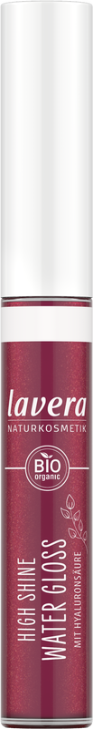 Lavera High Shine Water Gloss Raspberry 03 makeup in 5.5ml tube, featuring vibrant raspberry-colored lip gloss.