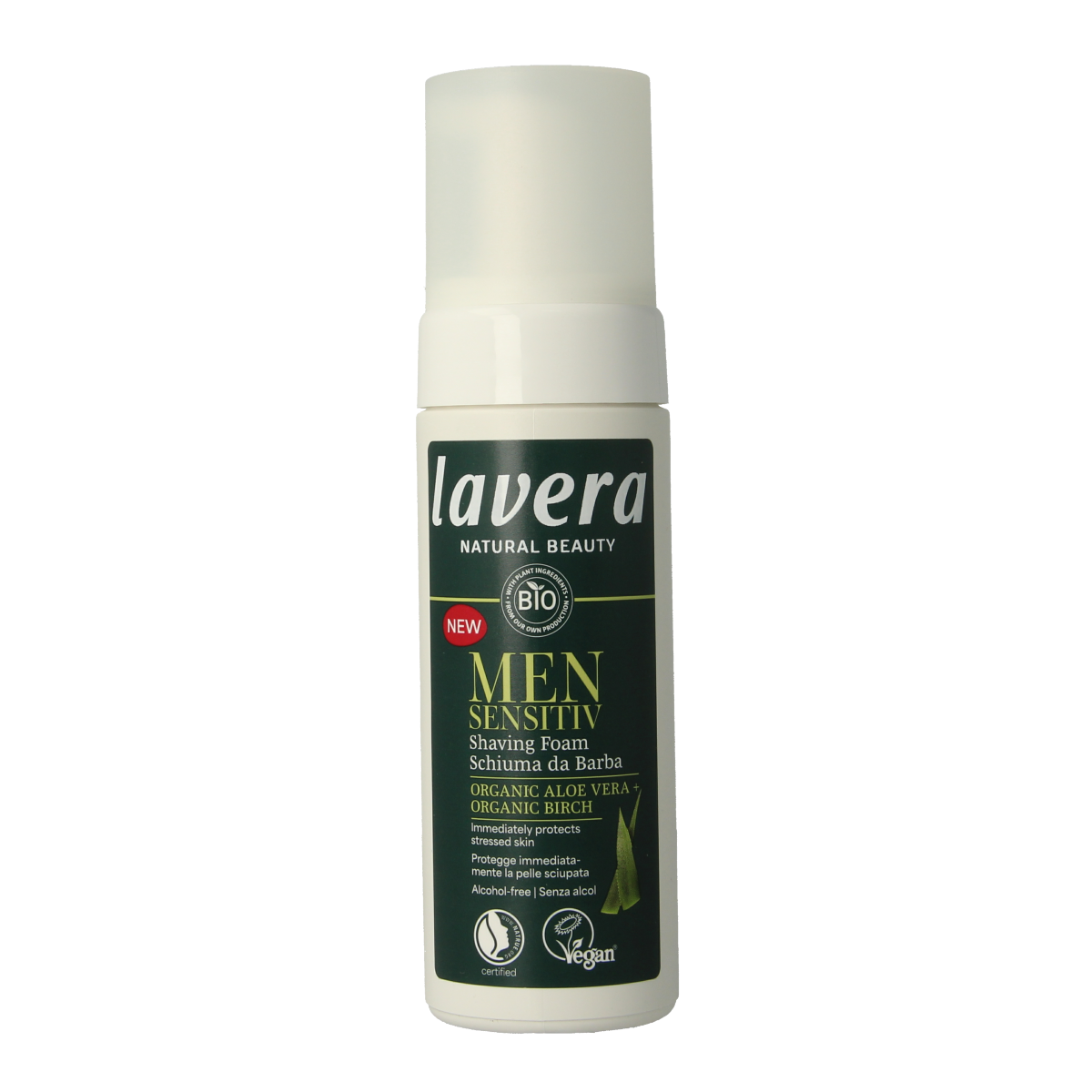 Lavera Men Sensitiv shaving foam in 150ml bottle, gentle foaming cleanser for sensitive skin, suitable for shaving and skincare.