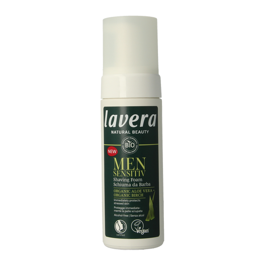 Lavera Men Sensitiv shaving foam in 150ml bottle, gentle foaming cleanser for sensitive skin, suitable for shaving and skincare.