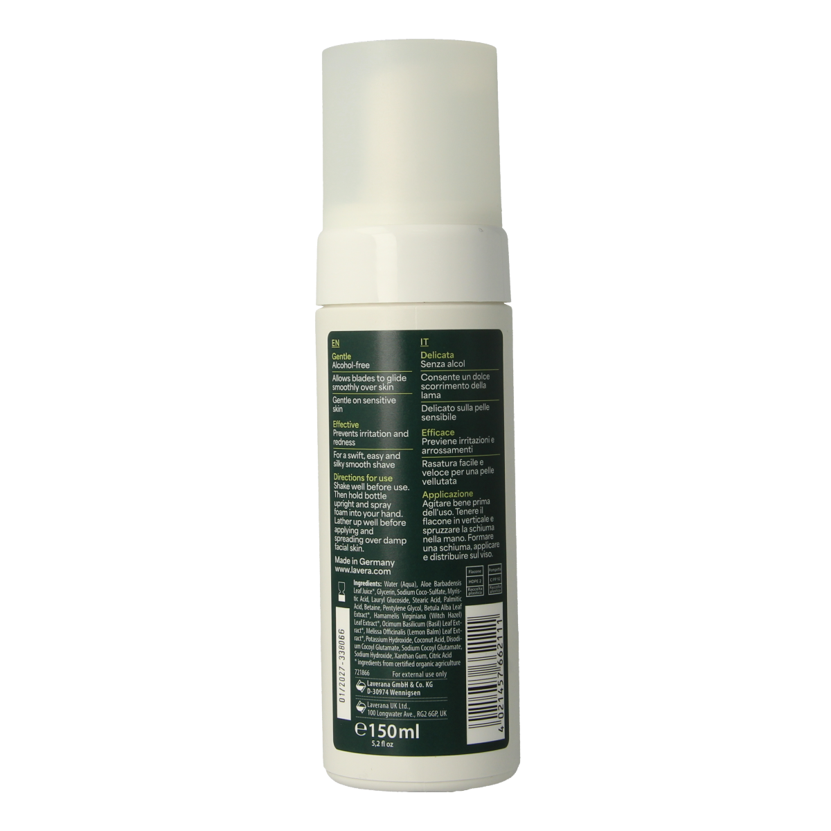 Lavera Men Sensitiv shaving foam in 150ml, natural bio shaving foam for sensitive skin, images of the foam can be seen.