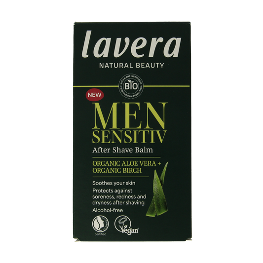 Lavera Men Sensitiv aftershave balm in a 100ml bottle, designed for sensitive skin, with soothing and moisturizing properties.