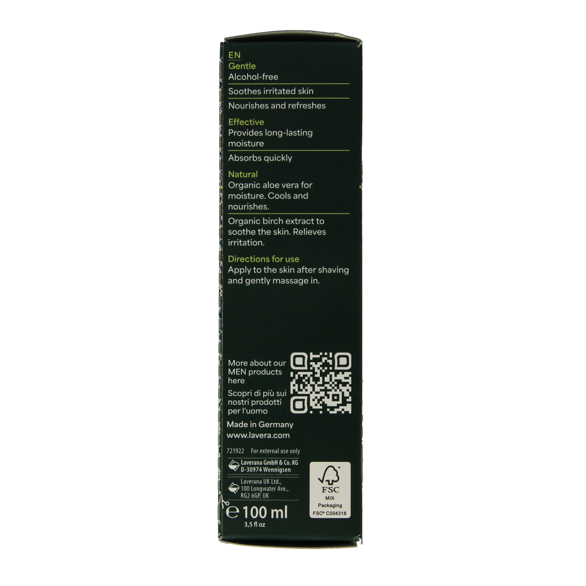 Lavera Men Sensitiv aftershave balm in a 100ml bottle, suitable for sensitive skin after shaving.