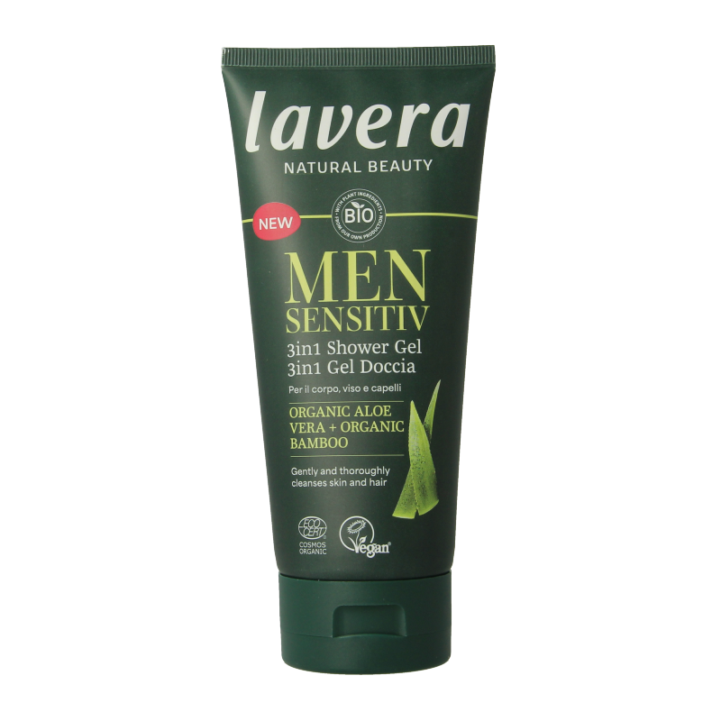 Lavera Men Sensitiv 3-in-1 showergel in 200ml bottle, suitable for body, face, and hair, with organic ingredients.