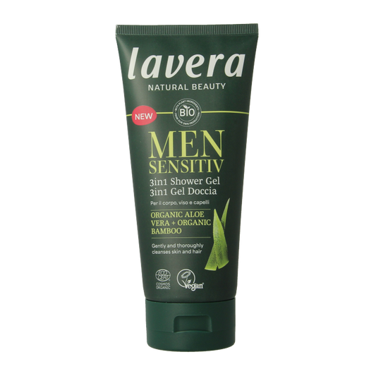 Lavera Men Sensitiv 3-in-1 showergel in 200ml bottle, suitable for body, face, and hair, with organic ingredients.
