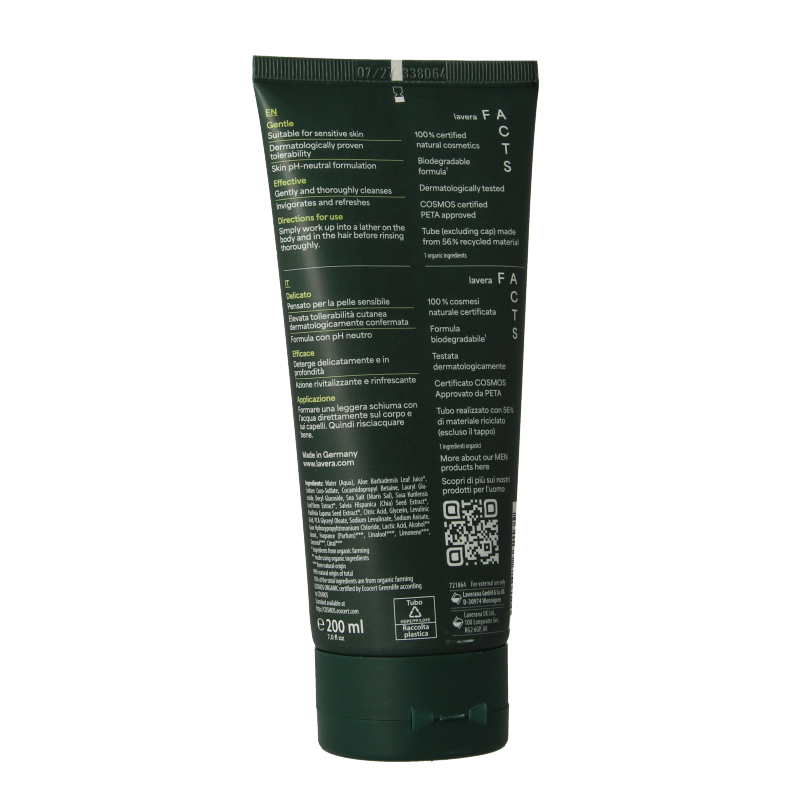 Lavera Men Sensitiv 3-in-1 shower gel for body, hair, and face in a 200ml bottle, gentle bio formula for sensitive skin.