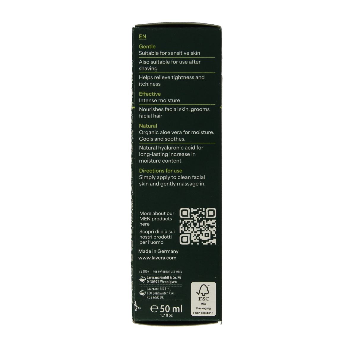 Lavera Men Sensitiv Moisturizing Cream in 50ml jar, facial skincare product for sensitive skin, with natural bio ingredients.