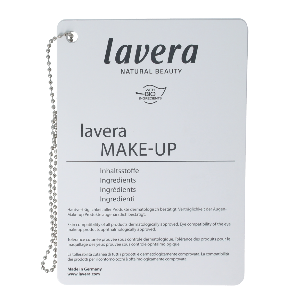 Lavera Colour cosmetics INCI booklet 09-2025, a detailed book about ingredients, featuring colorful pages and product information.