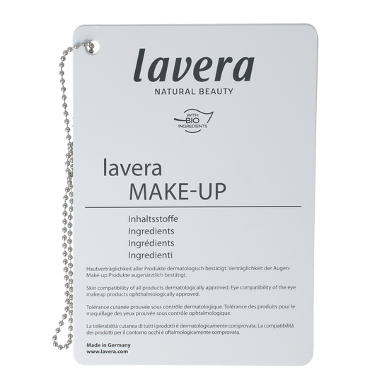 Lavera Colour cosmetics INCI booklet 09-2025, a detailed book about ingredients, featuring colorful pages and product information.