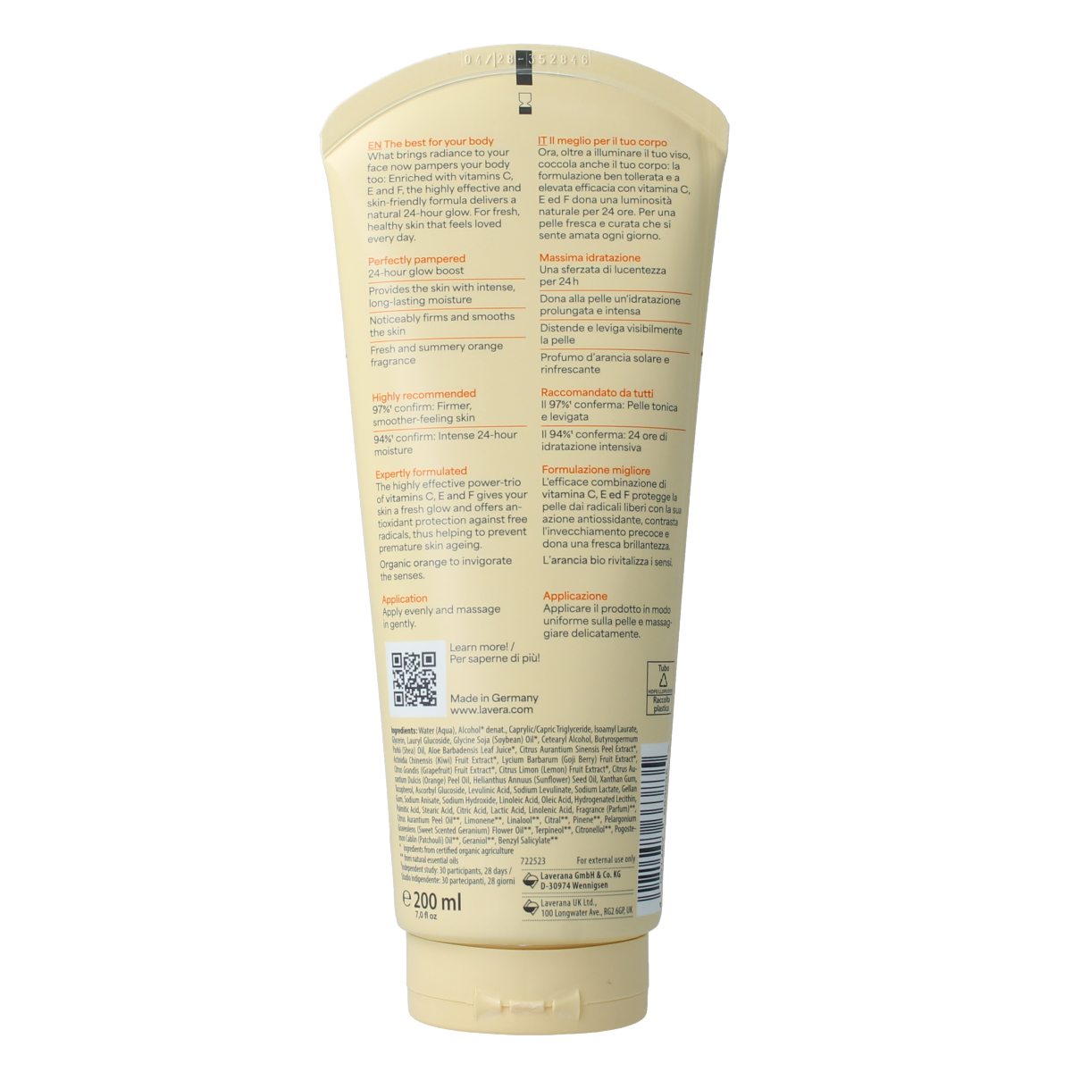 Lavera Bodylotion Glow by Nature bio, 200ml, natural moisturizing body lotion with a glowing finish, displayed in a pump bottle.