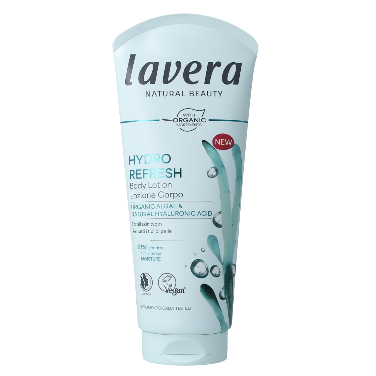 Lavera Hydro Refresh Bio body lotion in 200ml bottle, moisturizing and nourishing body care product.
