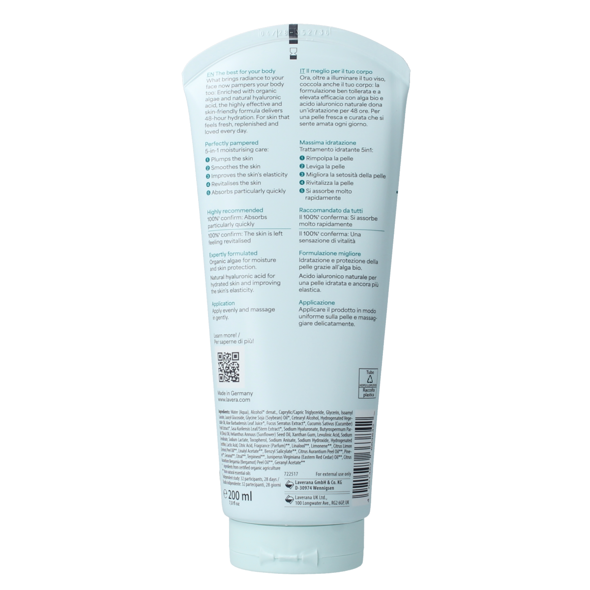 Lavera Hydro Refresh Body Lotion in 200ml, moisturizing body care product with natural ingredients, shown in the bottle.