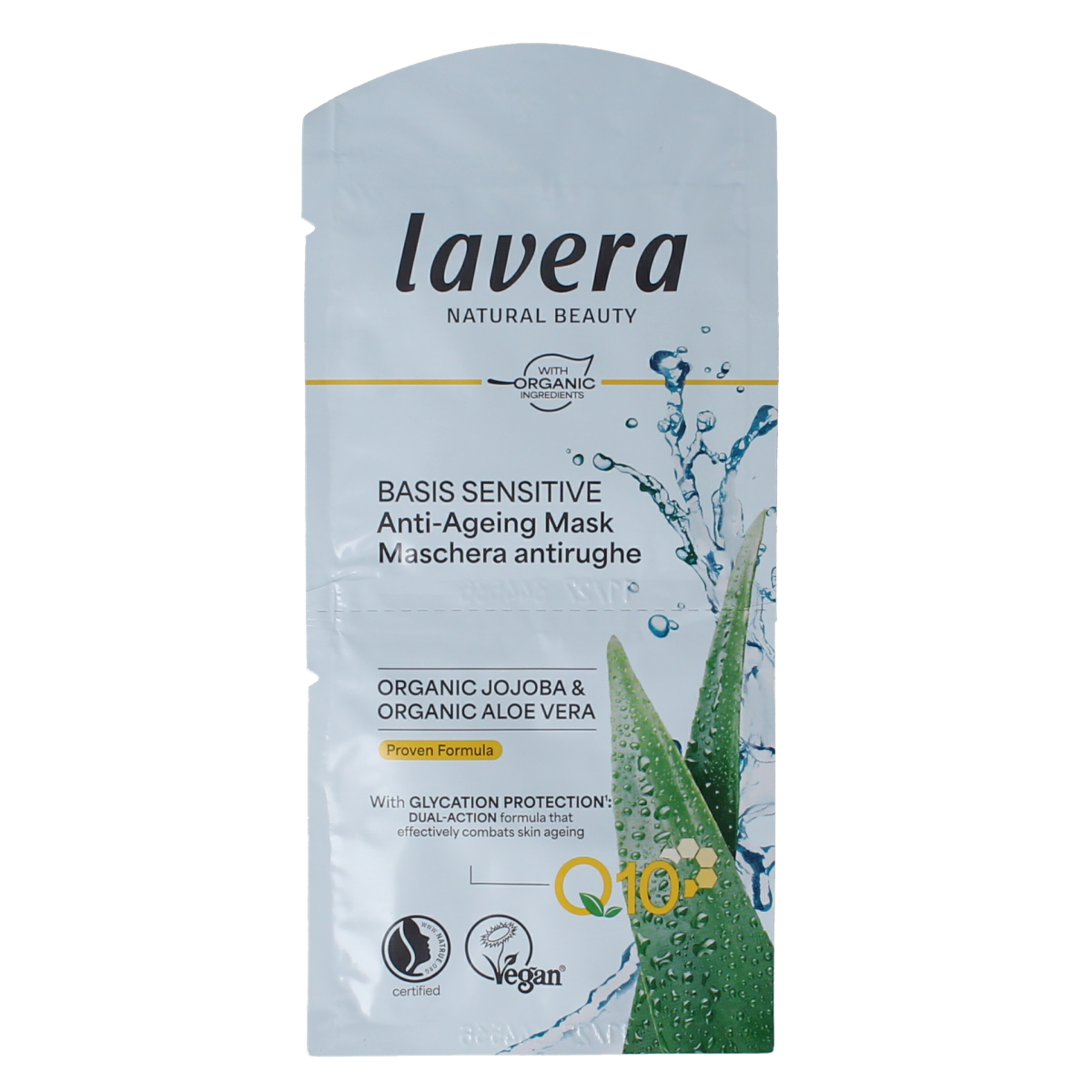 Lavera Basis Sensitive Q10 facial mask in two 5ml sachets, gentle skincare for sensitive skin, with Q10 antioxidants.
