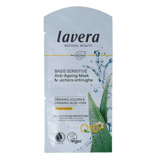 Lavera Basis Sensitive Q10 facial mask in two 5ml sachets, gentle skincare for sensitive skin, with Q10 antioxidants.