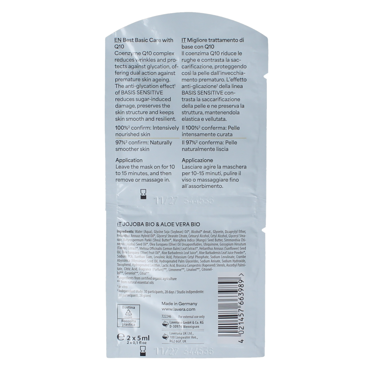 Lavera Basis Sensitive Q10 facial mask in two 5ml sachets, gentle skincare product for sensitive skin.