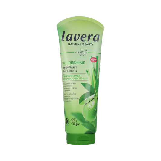 Lavera Refresh Me Bodywash 250ml bottle, gentle bad en douche with natural ingredients, featuring a clean, minimalist design.