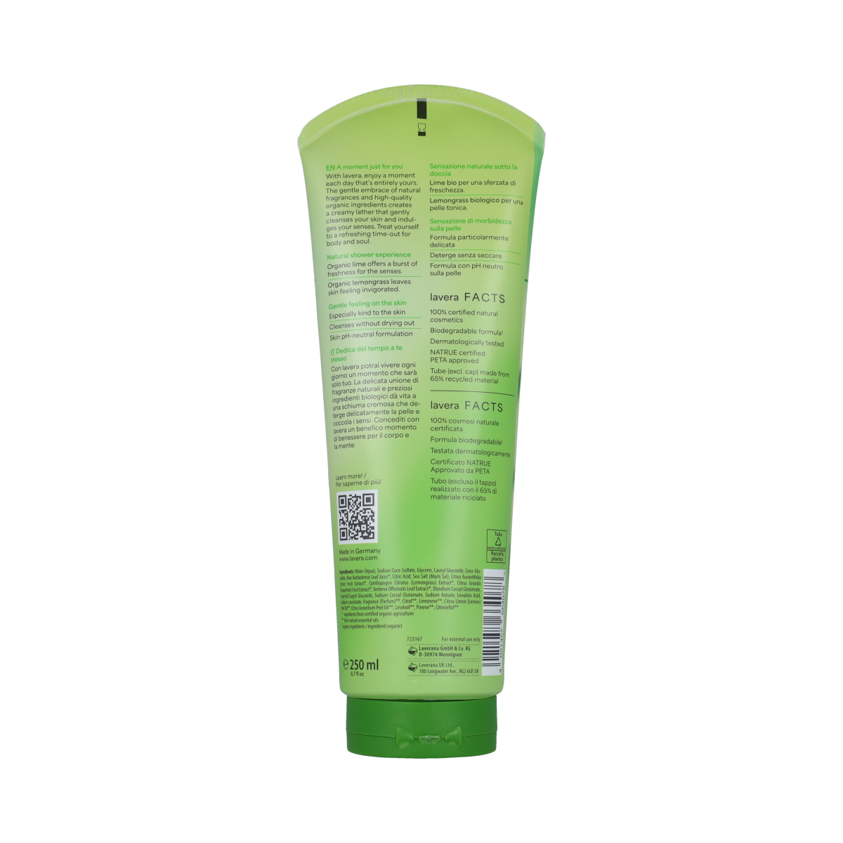 Lavera Refresh Me bodywash in 250ml bottle, gentle shower gel with refreshing scent, for clean and moisturized skin.