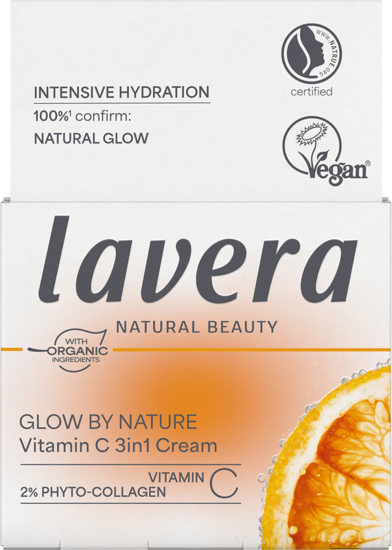 Lavera Glow by Nature Vitamin C 3-in-1 face cream in a 50ml jar, visible with smooth texture and fresh citrus scent.
