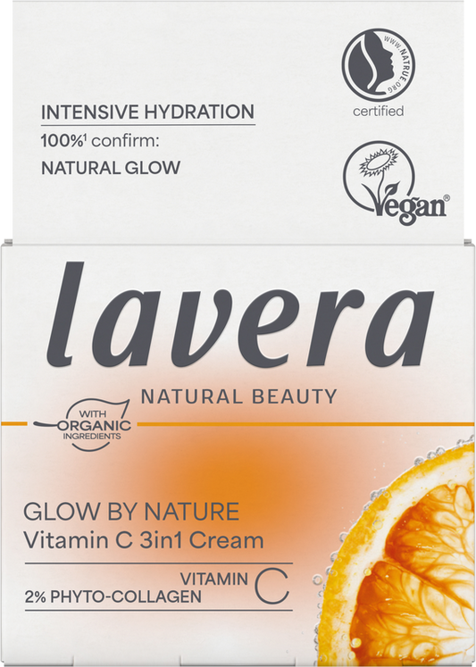 Lavera Glow by Nature Vitamin C 3-in-1 face cream in a 50ml jar, visible with smooth texture and fresh citrus scent.