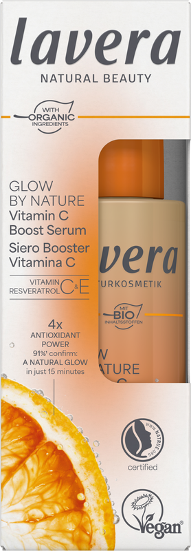 Lavera Glow by Nature Vitamin C booster serum in a 30ml bottle, designed for facial skincare and skin brightening.