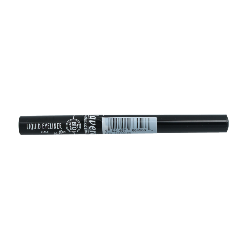 Lavera black liquid eyeliner in a sleek tube, featuring precise applicator for defining eyes in makeup looks.