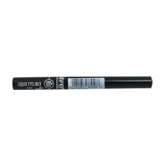 Lavera black liquid eyeliner in a sleek tube, featuring precise applicator for defining eyes in makeup looks.
