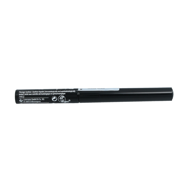 Lavera liquid black eyeliner 01 for make-up, showing the sleek applicator and smooth liquid formula in a close-up image.