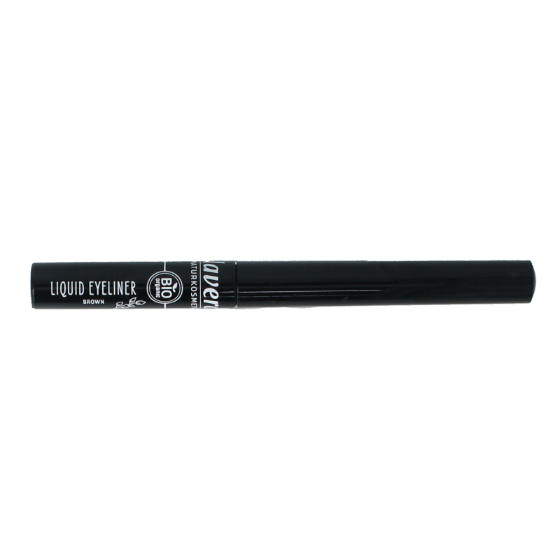 Lavera brown liquid eyeliner in 02 bio, with a sleek applicator tip, displayed on a neutral background.