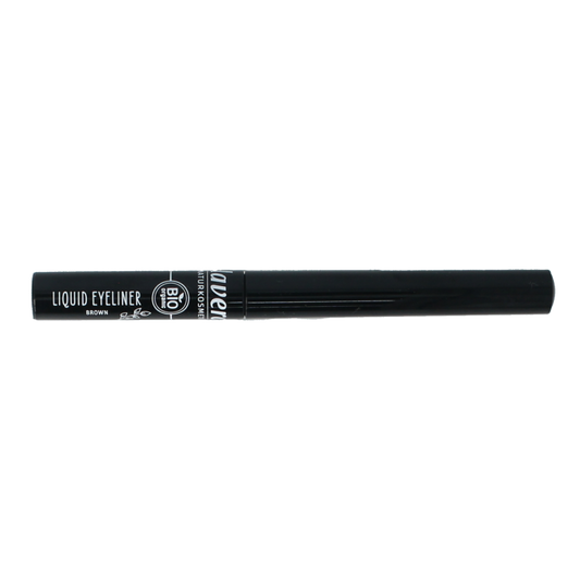 Lavera brown liquid eyeliner in 02 bio, with a sleek applicator tip, displayed on a neutral background.