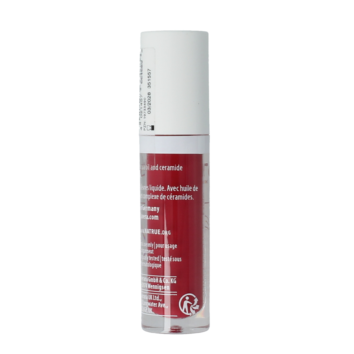 Lavera liquid lipstick in Poppy Red 01, vibrant red make-up product, showing the lipstick tube and applicator.