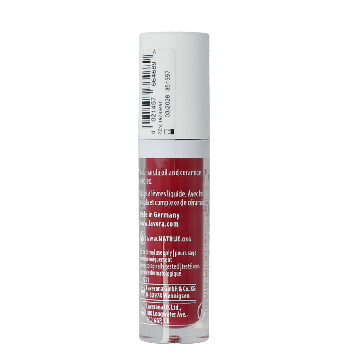 Lavera liquid lipstick in Poppy Red 01, natural make-up product with vibrant red color, shown in a sleek tube.