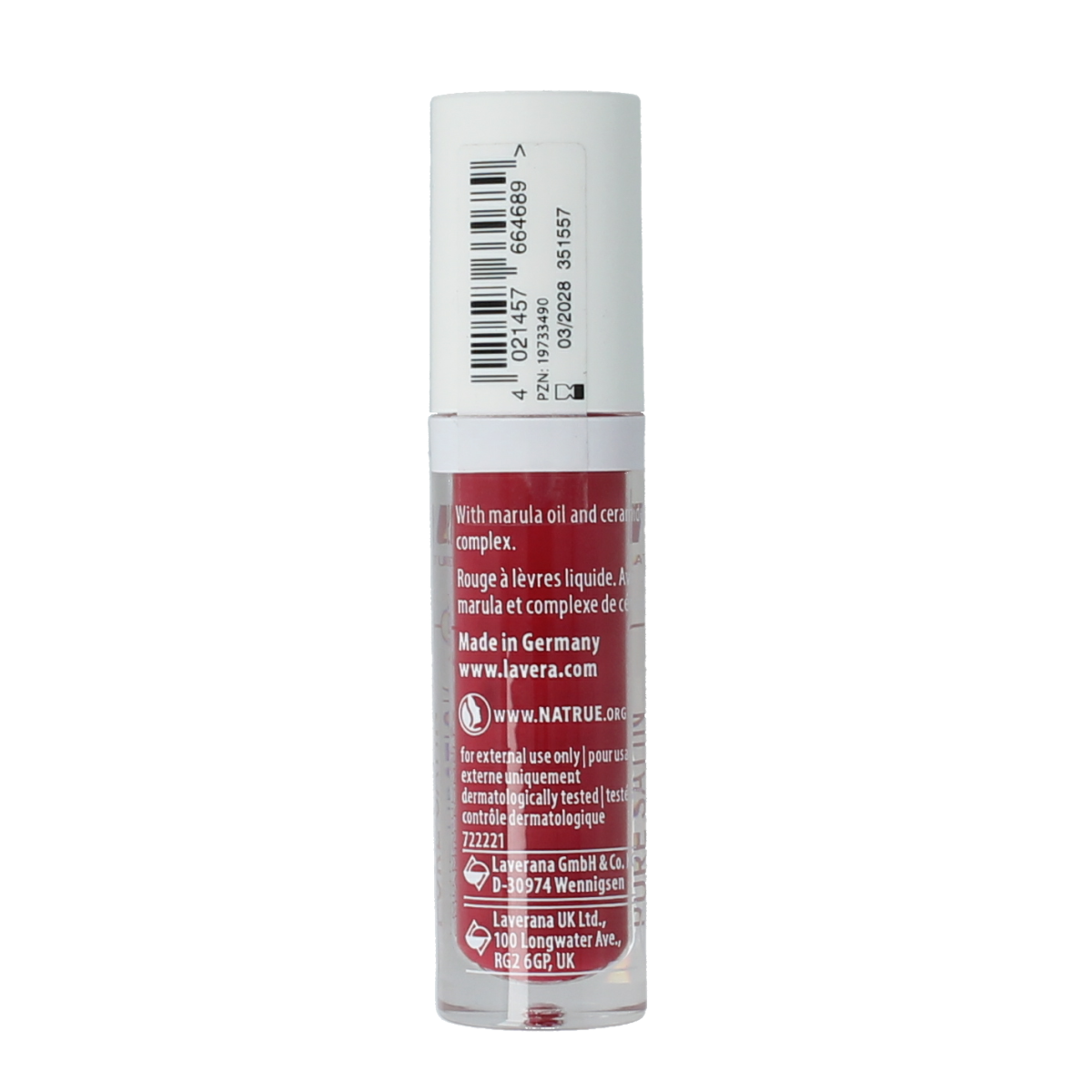 Lavera liquid lipstick in poppy red 01, natural make-up product, creamy texture and vibrant color, displayed in the image.