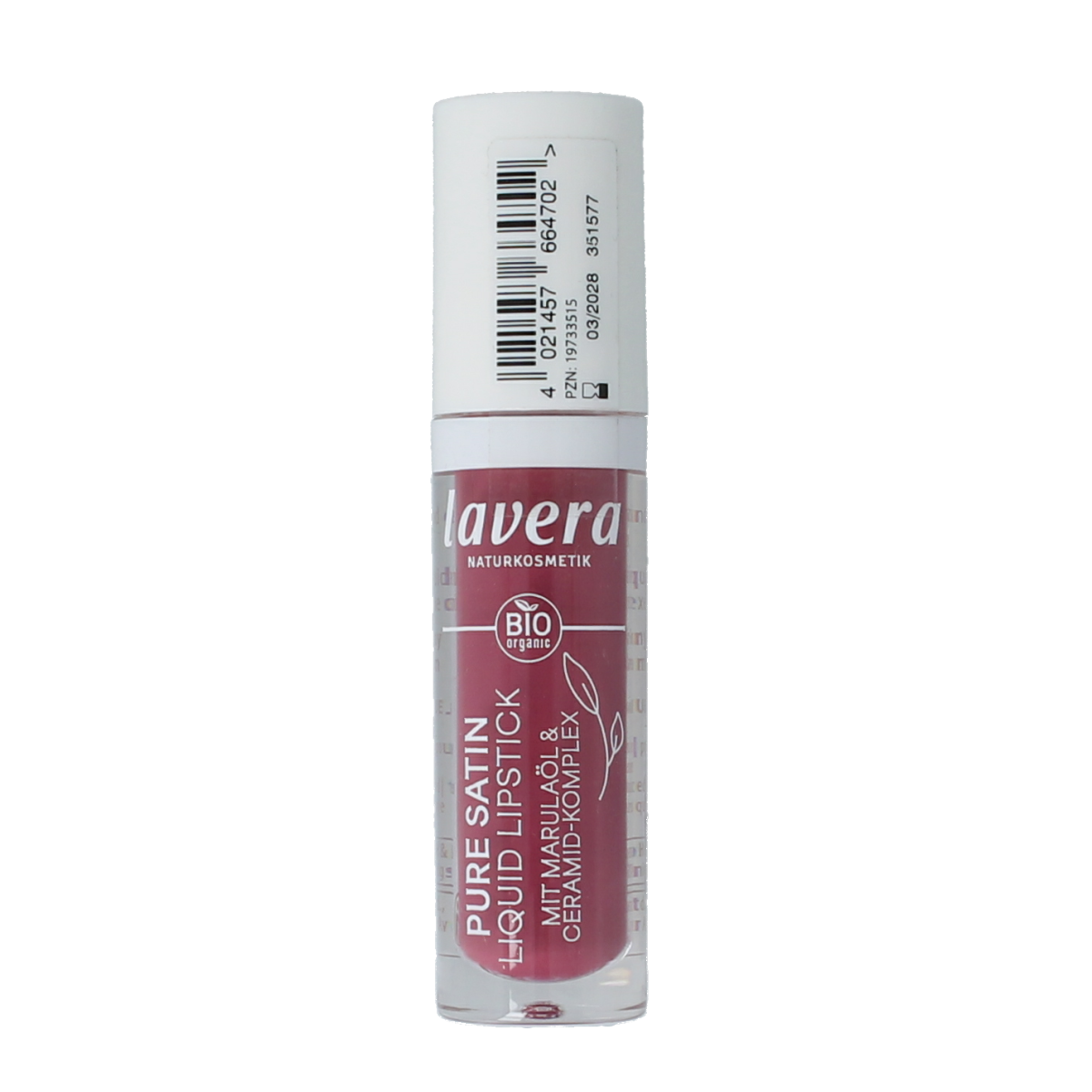 Lavera liquid lipstick in Wild Mauve 03, natural makeup with a vibrant mauve shade, shown in a close-up image.