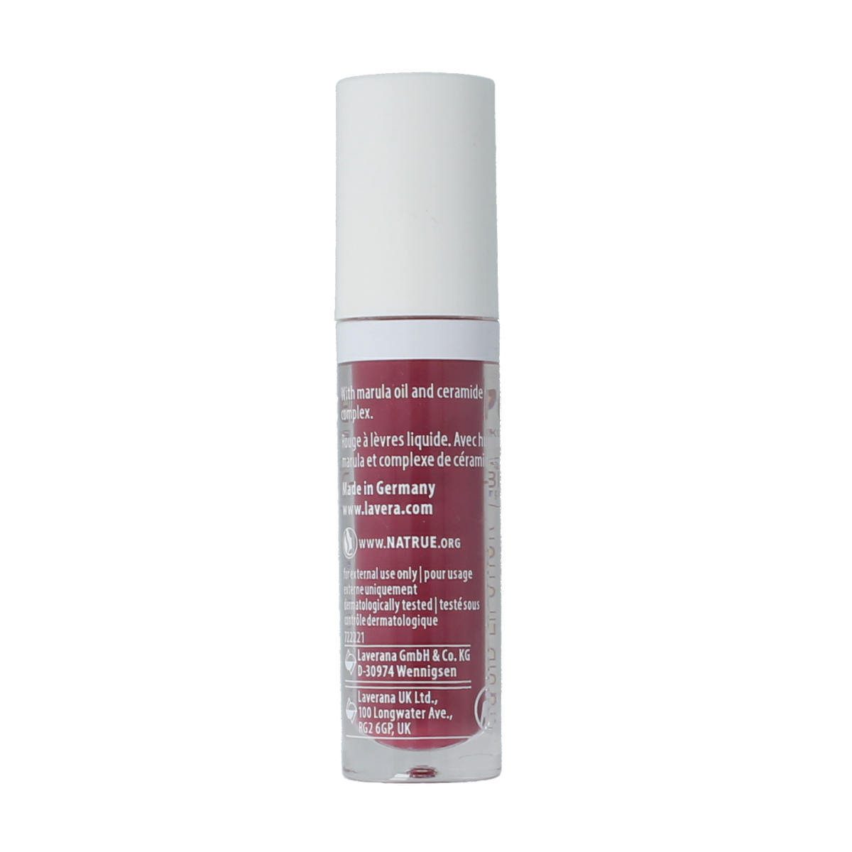 Lavera Wild Mauve 03 liquid lipstick in a sleek tube, showcasing rich mauve shade and elegant packaging.