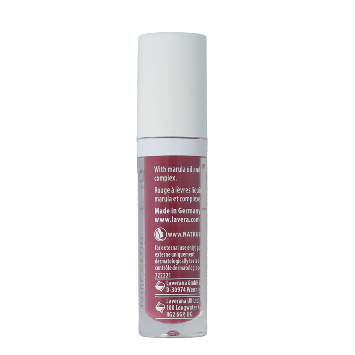Lavera liquid lipstick in wild mauve 03, showing a smooth, vibrant purple lip color in the makeup product image.