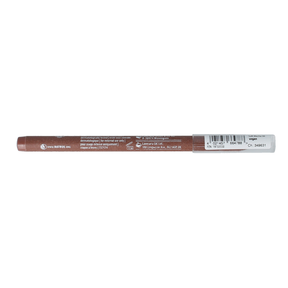 Lavera Lipcontour soft mocha 08 bio makeup pencil with soft brown shade, displayed on a neutral background.