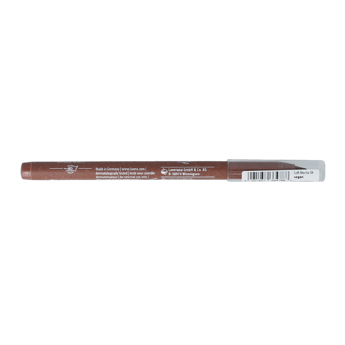 Lavera Lipcontour soft mocha 08 makeup pencil with natural brown shade, displayed on a white background.