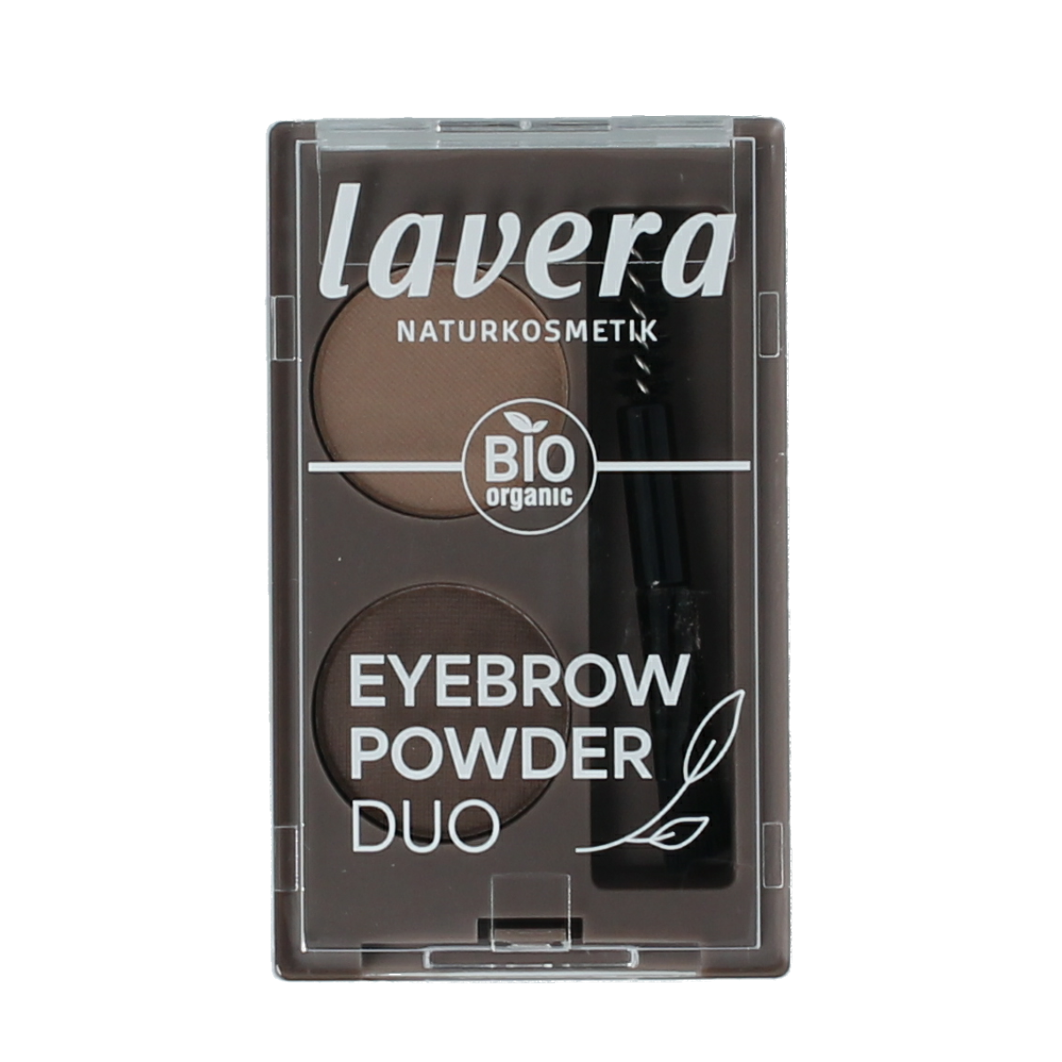 Lavera eyebrow powder duo in natural shades, makeup compact with two brow powders for defining eyebrows.