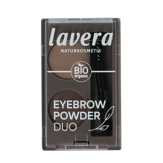 Lavera eyebrow powder duo in natural shades, makeup compact with two brow powders for defining eyebrows.