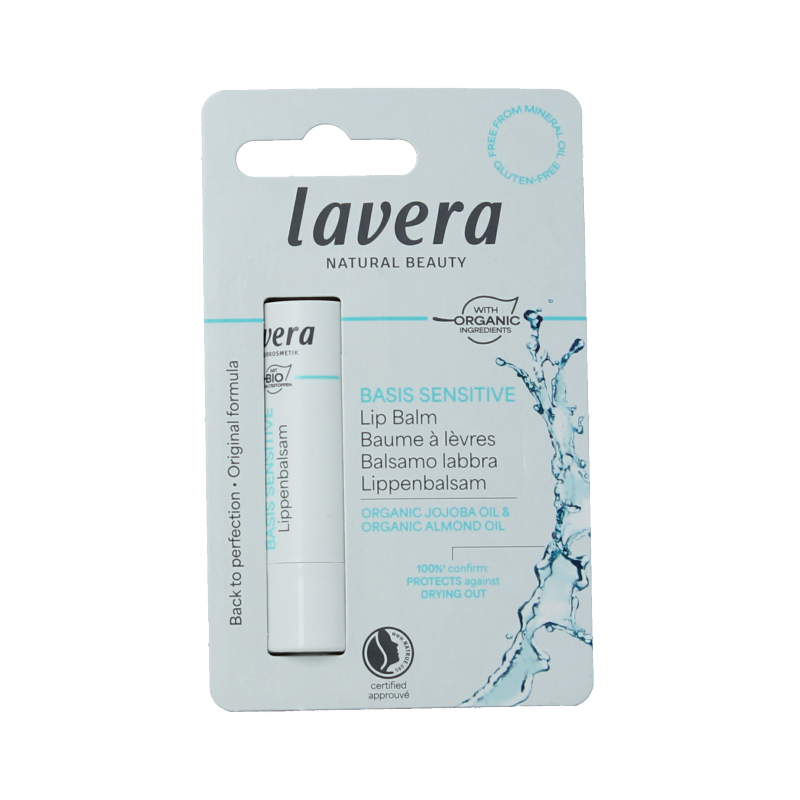 Lavera Basis sensitive lip balm in a 4.5g tube, designed for sensitive lips, with natural ingredients and soothing texture.