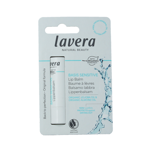 Lavera Basis sensitive lip balm in a 4.5g tube, designed for sensitive lips, with natural ingredients and soothing texture.