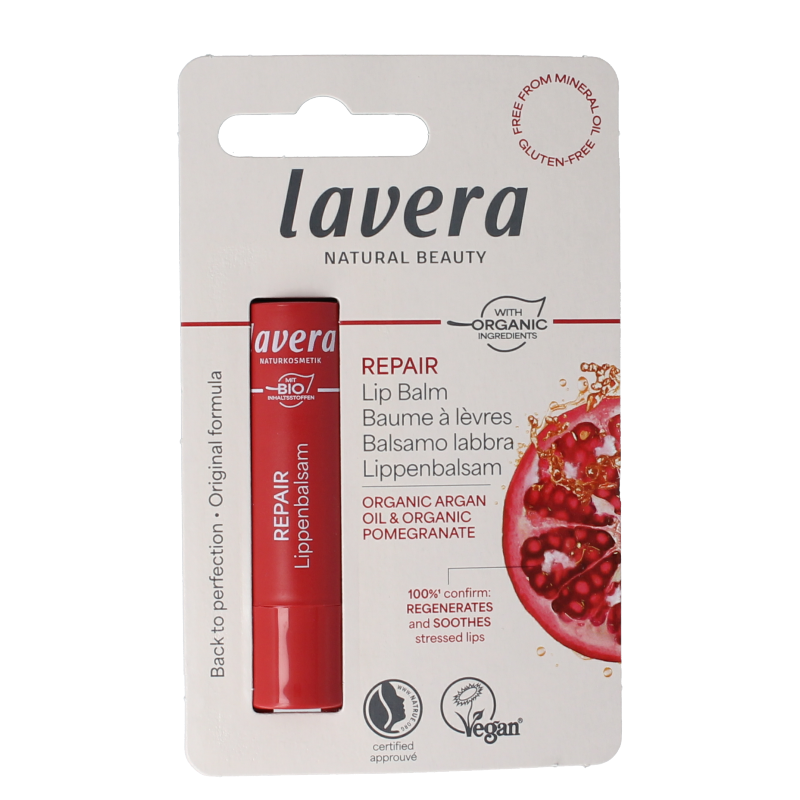 Lavera Lip Balm Repair 4.5g nourishing lip care stick with natural ingredients, designed to soothe and hydrate dry lips.