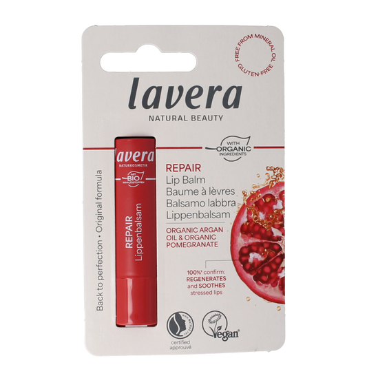 Lavera Lip Balm Repair 4.5g nourishing lip care stick with natural ingredients, designed to soothe and hydrate dry lips.