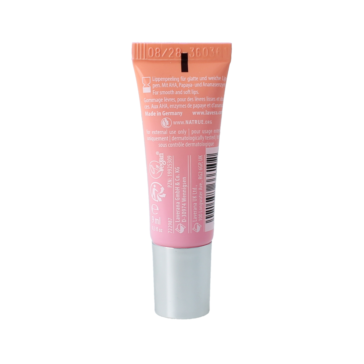 Lavera Enzyme Boost Lip Exfoliator in 9ml tube, natural lip care product for smoothing and revitalizing lips.