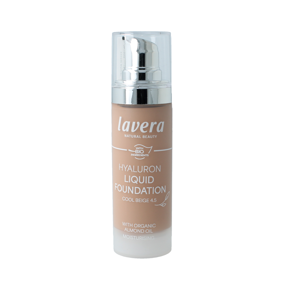Lavera Hyaluron liquid foundation in cool beige 4.5, 30ml, showing the makeup bottle with a sleek design and product label.