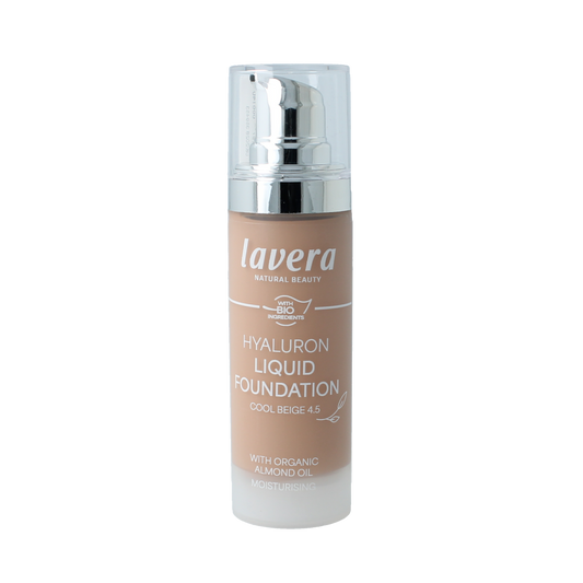 Lavera Hyaluron liquid foundation in cool beige 4.5, 30ml, showing the makeup bottle with a sleek design and product label.