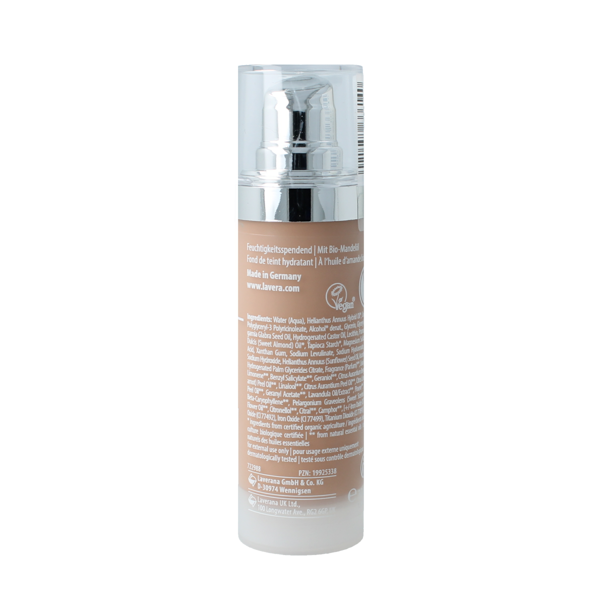 Lavera Hyaluron liquid foundation in cool beige 4.5, 30ml, featuring a smooth makeup application with hydrating formula.