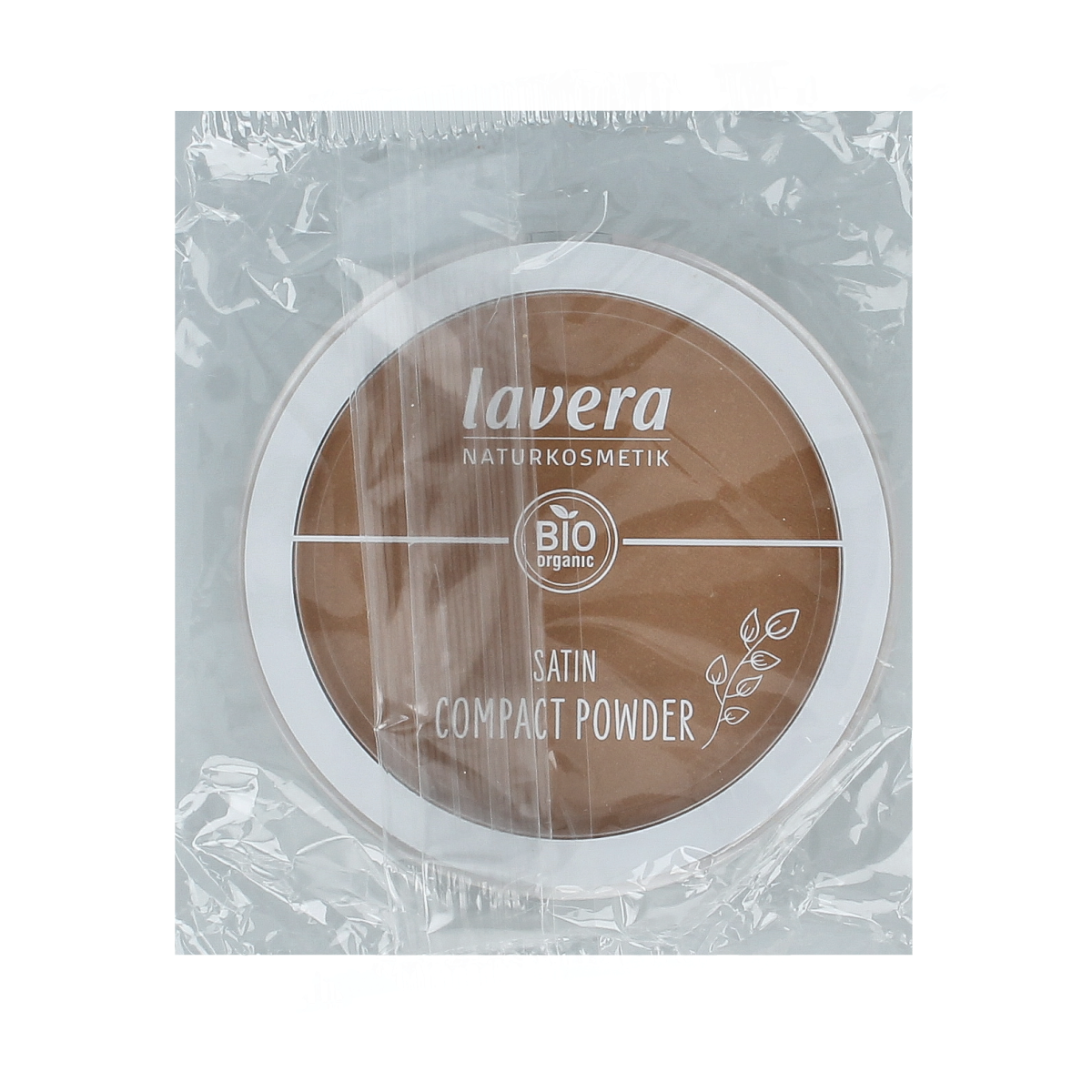 Lavera Satin compact powder in medium sand shade, 10g, for a smooth, natural finish on the face.